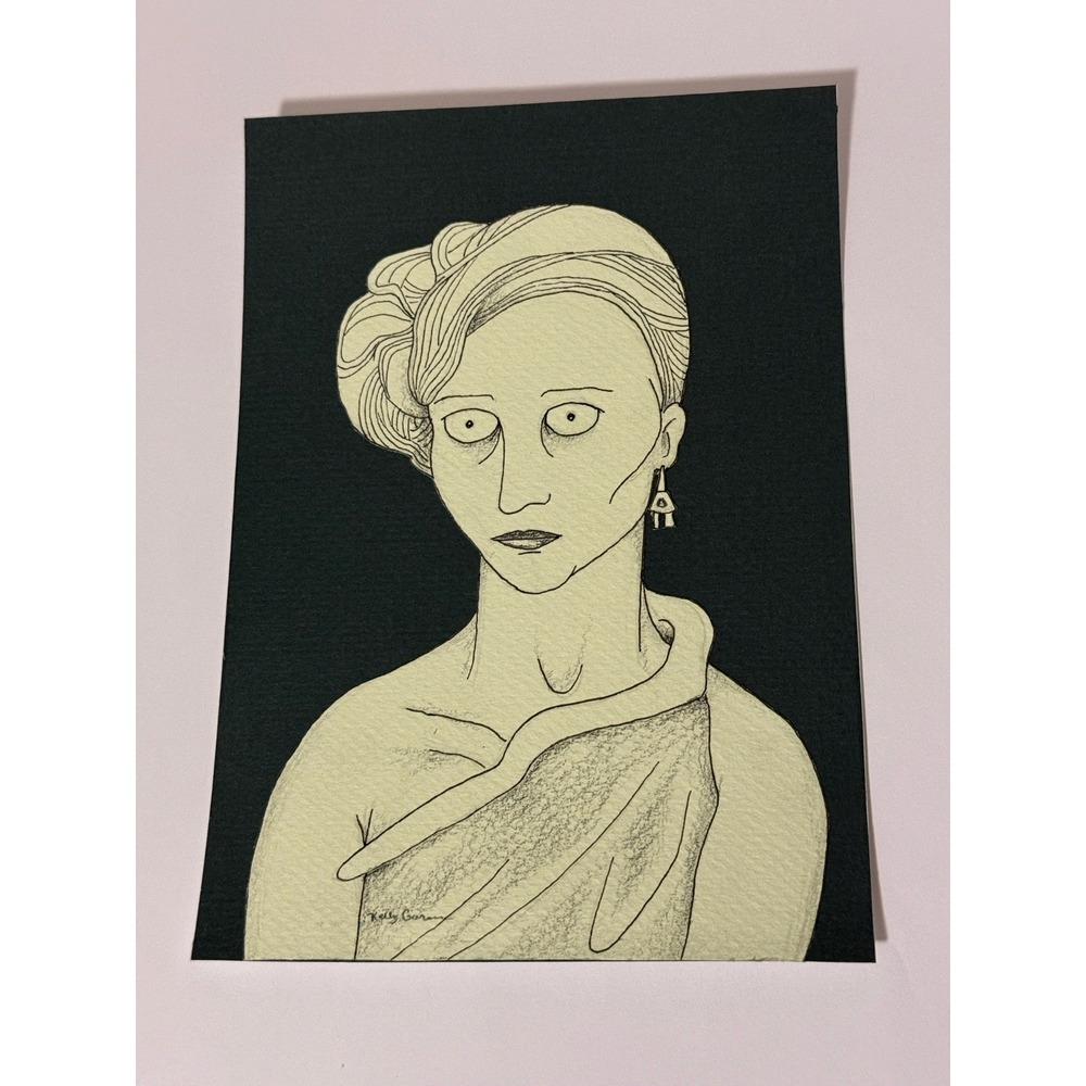 Lady In Green - Original OOAK Portrait Drawing Pen Ink Collage Art Handmade